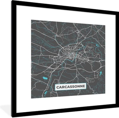 Fotolijst incl. Poster - Carcassonne - Plattegrond - Stadskaart - Kaart - Frankrijk - 40x40 cm - Posterlijst