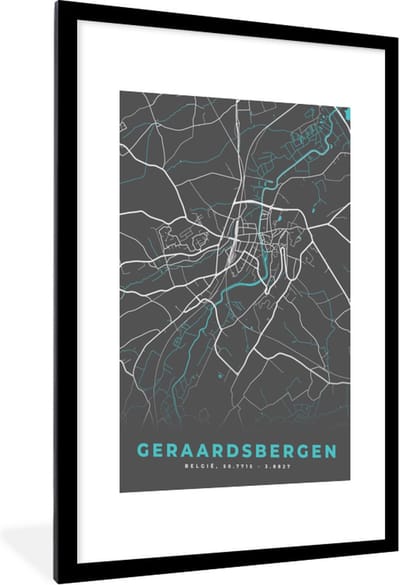 Fotolijst incl. Poster - Plattegrond – Geraardsbergen – Blauw – Stadskaart - Kaart - België - 60x90 cm - Posterlijst
