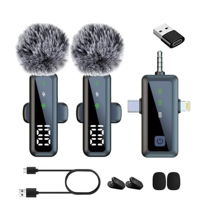 QTTVBTNA -Draadloze Lavalier Microfoon Set - Mini Microfoon Voor Smartphones - Draadloze Microfoon - 2 Stuks - Lavalier - Windshields - Dasspeld - Lange Batterij - USB-C/Lightning - Plug & Play