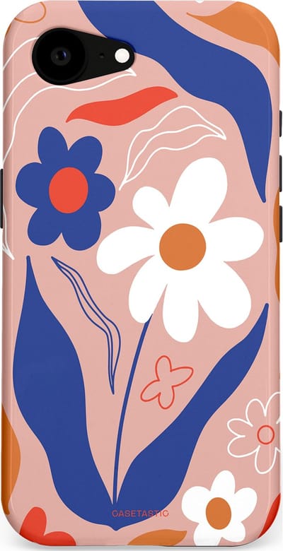 Casetastic hoesje geschikt voor Apple iPhone 16e / Apple iPhone 17e - MagSafe - Dubbellaagse bescherming - Eenvoud in bloei - Fashion Case - Perzik Donkerblauw Wit