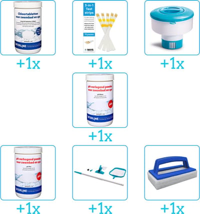 Zwembad Onderhoudspakket - Onderhoud Zwembad - bevat Chloor - Testrips - Chloordrijver - PH-min - PH-plus - Schoonmaakset en Scrubborstel (7-delig)