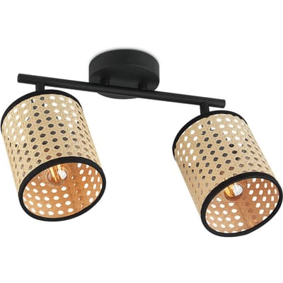 Landelijke LED Opbouwspot Rotan - naturel/zwart - 30/10/22cm - Dimbaar - plafonniere gemaakt van rotan en metaal - inclusief LED lichtbron - E14 fitting - 4W - 400lm - 2700K - warm wit licht