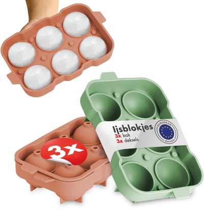 Blumtal IJsblokjesvorm Idun Set van 3 - 6 ijsblokjes - Siliconen ijsblokjesvorm met deksel - IJsblokjesvorm Balvorm - BPA-vrij - Olijfgroen + Rood