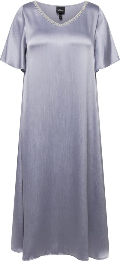 Ulla Popken - Dames - Midi-jurk decoratieve parels V-hals halve mouwen - Licht staalblauw - Maat 46+