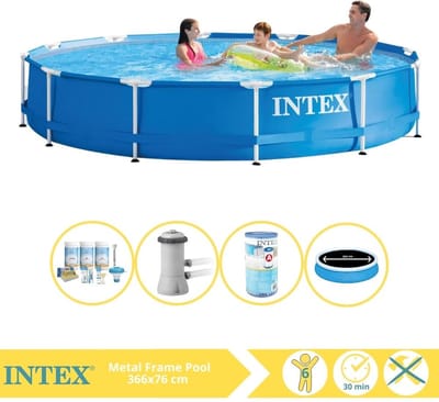 Intex Rond Frame Zwembad - 366 x 76 cm - Blauw - Inclusief Solarzeil - Onderhoudspakket - Zwembadfilterpomp - Filter - 5-delig