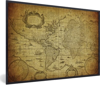 Poster in lijst - Fotolijst 120x80 cm - Posters - Wereldkaart - Vintage - Geschiedenis - Kinderen - Jongens - Meisjes - Posterlijst zwart - Decoratie - Wanddecoratie woonkamer - Muurdecoratie slaapkamer