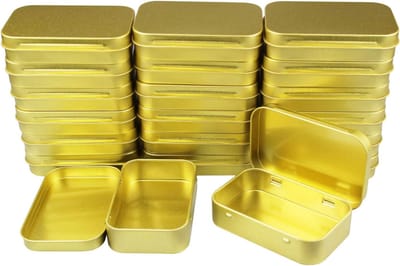 Famanu – 20 stuks rechthoekige metalen blikjes - lege scharnierdozen voor opbergen en organiseren - mini-box set 95 x 62 x 20 mm - goud