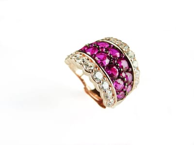 Zilveren ring roze goud verguld gezet met roze rode stenen en cubic zirconia