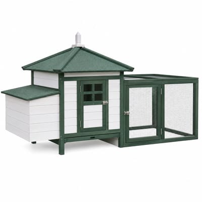 M-Goods - Kippenhok met Ren en Nestkast - Houten Buitenhok voor 2-4 Kippen - 196 x 76 x 97 cm - Wit/Groen