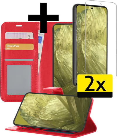 Hoesje - Met 2x Screenprotector - Geschikt voor Google Pixel 8a - Luxe Pasjeshouder - Bookcase Portemonee - Flip Case - Kunstleer Book Case - Flipcase Hoes - Book Cover - Walletcase - Portemonneehoes - Telefoonhoesjes - Rood