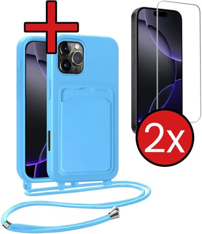 Hoesje Geschikt voor iPhone 16 Pro Hoesje Met Telefoonkoord en Pasjeshouder Met 2x Screenprotector Siliconen - Hoes Geschikt voor iPhone 16 Pro Hoesje Met Kaarthouder Case - Lichtblauw