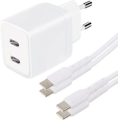 USB C Adapter - Snellader Geschikt voor Samsung Telefoon en Tablet - USB C naar USB C Kabel - 1 Meter - Oplaadkabel - PVC Materiaal - GaN Oplader - Dubbele USB C Poorten - 45W Vermogen - Incl. USB C Kabel - 2 Kabel PACK - Stekkerblok - Wit