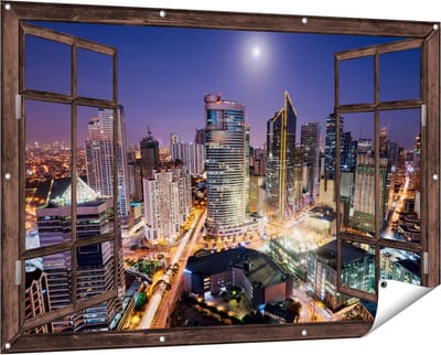Gards Tuinposter Doorkijk Makati Stad Skyline in de Nacht in Thailand - 150x100 cm - Tuindoek - Tuindecoratie - Wanddecoratie buiten - Tuinschilderij