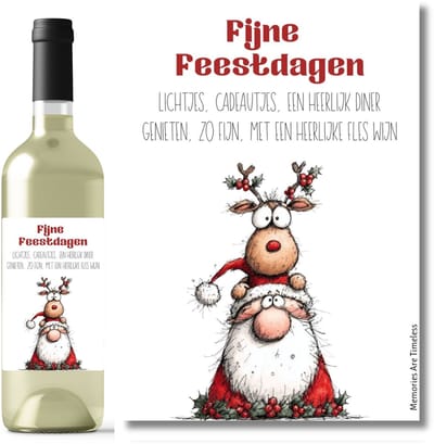 Wijnetiket Fijne Feestdagen – DIY Cadeau – Rendier - Kerstman - 10,5 x 14,8 cm