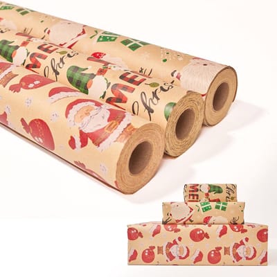 Kerst inpakpapier rol 3-pack 43 cm x 10 m - Kraft inpakpapier voor feestelijke geschenken