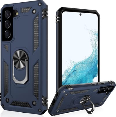 Casemania Hoesje Geschikt voor Samsung Galaxy S22 Plus Blauw - Anti-Shock Hybrid Armor Back Cover - Hoes met Kickstand Ring