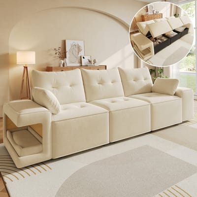 3-Zitsbank, Moderne Modulaire 3-zitsbank met Brede Armleuningen, Comfortabele Zithoek, Geïntegreerde Opbergruimte, Gestoffeerde Ligplek voor Huisdieren en Twee Kussens – Ideaal voor Woonkamers en Appartementen-Beige