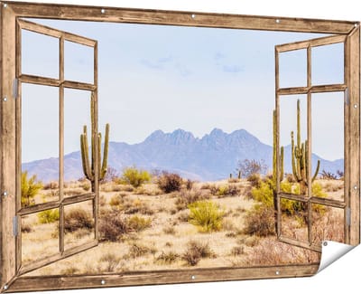 Gards Tuinposter Doorkijk Cactussen in de Woestijn - 180x120 cm - Tuindoek - Tuindecoratie - Wanddecoratie buiten - Tuinschilderij