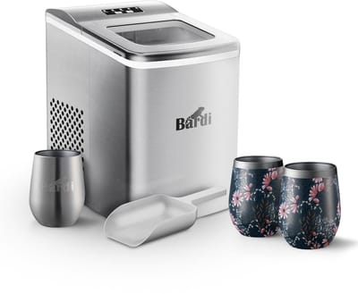 Bardi IJsblokjesmachine Set - 2 Liter RVS - 12KG IJsblokjes in 24 uur - met IJsschep - Inclusief 3 Luxe Thermosbekers en Ijsschep - Japanese Flower