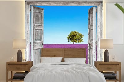 Behang - Fotobehang Bloemen - Lavendel - Doorkijk - Breedte 240 cm x hoogte 240 cm