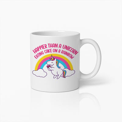 Grappige Eenhoorn Mok – Vrolijker Dan een Eenhoorn die Taart Eet op een Regenboog – Kleurrijke 330ml Koffiebeker, Cadeau voor Kinderen & Eenhoorn Fans