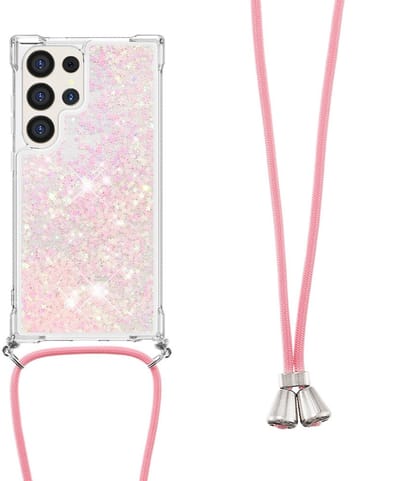Coverup Hoesje - Geschikt voor Samsung Galaxy S25 Ultra Hoesje - Coverup Liquid Glitter Back Cover met Koord - Roze