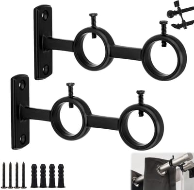 Set van 2 - Gordijnroedebeugel - Dubbele gordijnroedebeugel - Aluminiumlegering basis met verdikte haak - Verstelbare gordijnroedebeugel - Wandgemonteerde gordijnroedebeugel - Geschikt voor gordijnen in de woonkamer, badkamer en slaapkamer (zwart)
