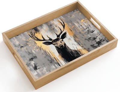 Dienblad hout 40x30 cm - Schootdienblad - Abstract - Hert - Gewei - Goud - Borrelplank rechthoek - Plateau dienbladen
