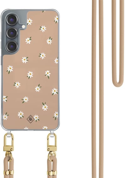 Casimoda® hoesje met koord - Geschikt voor Samsung S25 - Sweet Daisies - Afneembaar koord - TPU/polycarbonaat - Bruin/beige
