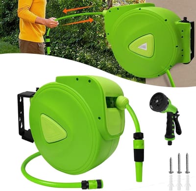 Slanghaspel 20m - Waterslang oproller - Tuin bewateren - Automatisch oprolbaar - 36.6x47.4x15cm - Groen