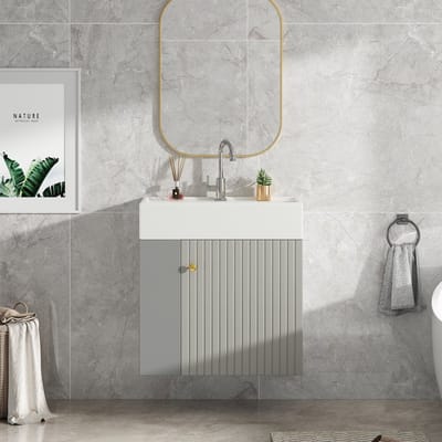 DESMIU Badkamerkast - Wandhangend Badkamermeubel Met Wastafel En Open Vakken - Voor Kleine Badkamer - Grijs Wit - 55x31x66,5 Cm
