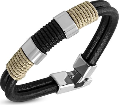 Amanto Armband Farzan E - Leer - 316L Staal - Touw - 15mm - 21cm