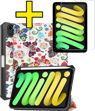 Hoes - Geschikt voor Apple iPad Mini 7 (2024) - 8.3 inch - 7e Generatie - Met Screenprotector - Trifold Bookcase - Hard Cover Case - Met Uitsparing Geschikt voor Apple Pencil - Hardcover Book - Tablet Hoesje - Vlinders
