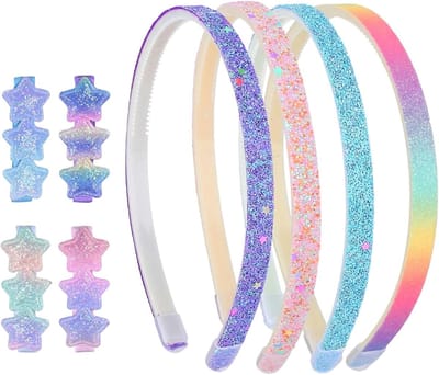 Set van 4 kleurrijke haarbanden en 4 haarspelden voor meisjes, met sterrendesign en siliconen binnenband tegen uitvallen, perfect voor haaraccessoires en feestjes