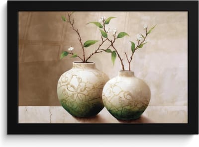 Poster in lijst - Fotolijst 30x20 cm - Posters - Bloemen - Vaas - Wit - Botanisch - Beige - Posterlijst zwart - Wanddecoratie badkamer - Muurdecoratie WC - Decoratieve accessoires - Toilet muur decoratie