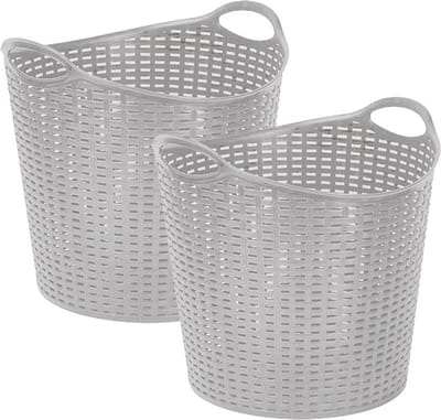 Plasticforte Gevlochten wasmand/opbergmand - 2x - flexibel - zilver - 27 liter - rond - kunststof - 40 x 37 cm