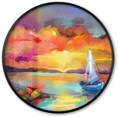 Poster in lijst Rond - Fotolijst 60x60 cm - Posters - Schilderij - Olieverf - Boot - Kleuren - Ronde posterlijst zwart - Decoratie - Wanddecoratie woonkamer - Muurdecoratie slaapkamer