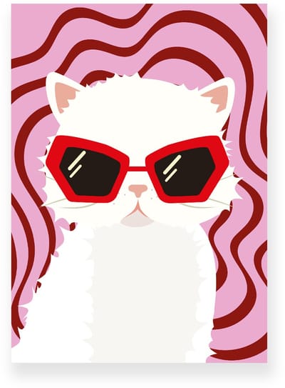 Poster 20x30 cm - Kat met zonnebril - Roze - Rood - Dopamine Decor - Dieren - Muurdecoratie - Wanddecoratie