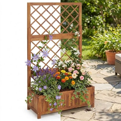 Plantenbak met klimrek - Bloembak - Weerbestendig - Met trellis - Buiten - Hout - Plantenrek - Rechthoekig - Bruin