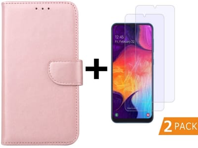Ntech Hoesje Geschikt Voor Samsung Galaxy A50 Portemonnee hoesje - Rose Goud Met 2 stuks Glazen screenprotector