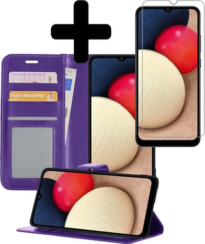 Hoesje - Met Screenprotector - Geschikt voor Samsung Galaxy A02s - Luxe Pasjeshouder - Bookcase Portemonee - Flip Case - Kunstleer Book Case - Flipcase - Book Cover - Walletcase - Portemonneehoes - Telefoonhoesjes - Paars