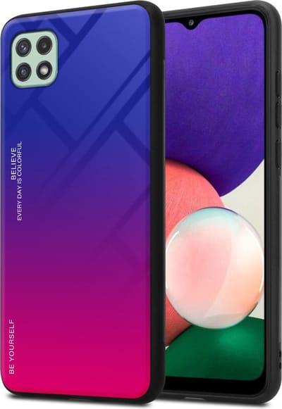Cadorabo Hoesje geschikt voor Samsung Galaxy A22 5G in PAARS - ROOD - Tweekleurige beschermhoes van TPU-silicone Case Cover en achterzijde van gehard glas