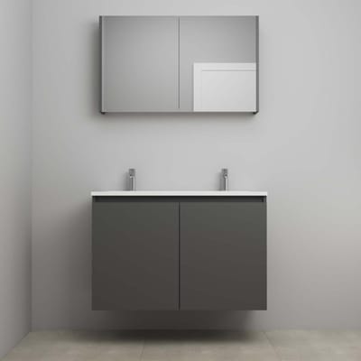 On-Line Badkamermeubelset - 100 cm - Bouwpakket - Greeploos 2 Deuren - Acryl Wastafel - 2 Kraangaten - Spiegelkast - Mat Antraciet