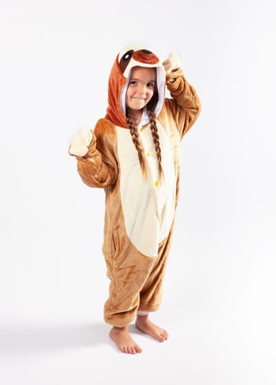 KIMU® Onesie Luiaard Pakje - Maat 110-116 - Luiaardpak Kostuum Bruin Pak - Peuter Zacht Huispak Jumpsuit Dierenpak Pyjama Jongen Meisje Festival