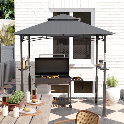 HAUSS SPOLE Barbecue Overkapping - 243 x 148 x 248 cm - Met Led Verlichting - Metaal - Donkergrijs - Voor BBQ en Buitenfeesten - Met Dubbel Dak