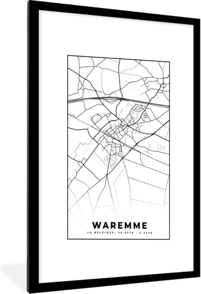 Fotolijst incl. Poster Zwart Wit- Zwart Wit – België – Plattegrond – Stadskaart – Kaart – Waremme - 60x90 cm - Posterlijst