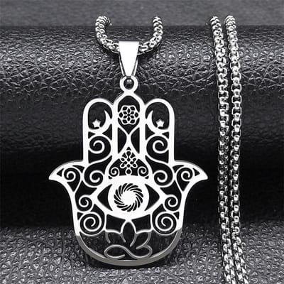 Levenbloem Fatima Hamsa Hand Hanger Ketting voor Vrouwen Mannen Roestvrij Staal Goud Om Lotus Oog Ketting Sieraden N8083S01 gray