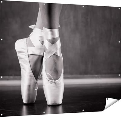 Gards Tuinposter Ballet Schoenen van een Ballerina - Zwart Wit - 150x120 cm - Tuindoek - Tuindecoratie - Wanddecoratie buiten - Tuinschilderij