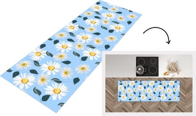 Keukenloper - Loper keuken - Madeliefjes - Blauw - Patroon - 150x50 cm - Keukenloper vinyl