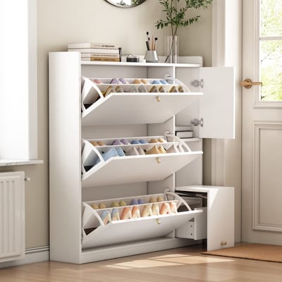 Schoenenkast - 119x24x122 cm wit - 3 klapdeuren & klapbare zitbank - verstelbare planken - anti-kip